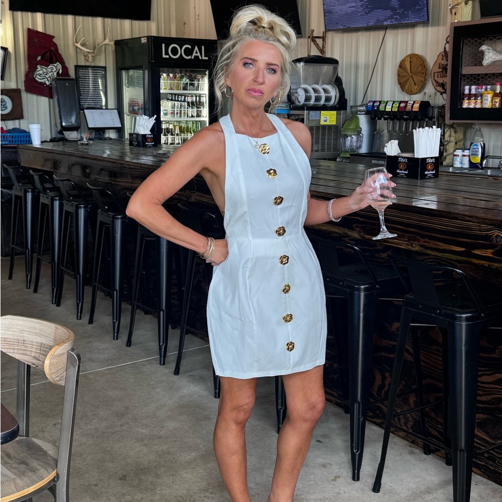 Backless White Halter Mini Dress with Decorative Gold Buttons